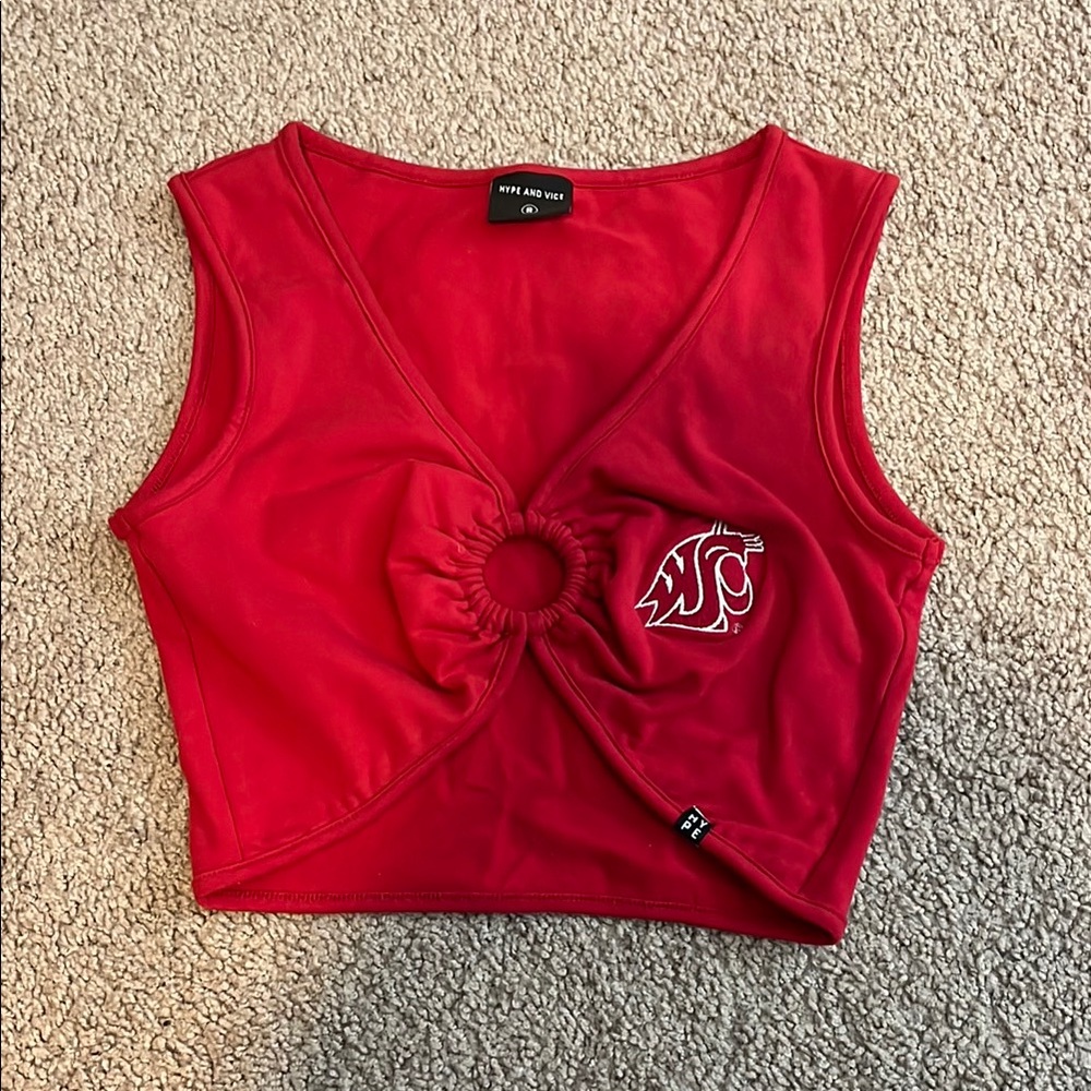 Red Crop Tank Top with Cut Out Washington State University Cougar top